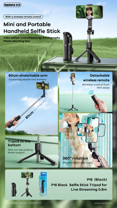 P16 0,8 m Selfie Stick-stativ for direktesending