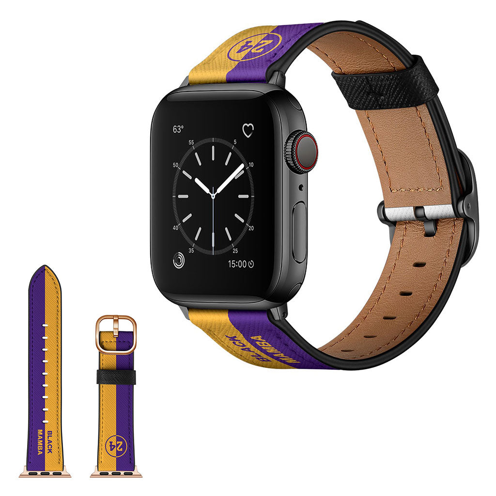 Apple Watch Series 6 / 5 44 mm stilig lærarmbånd - Gul + Lilla Striper