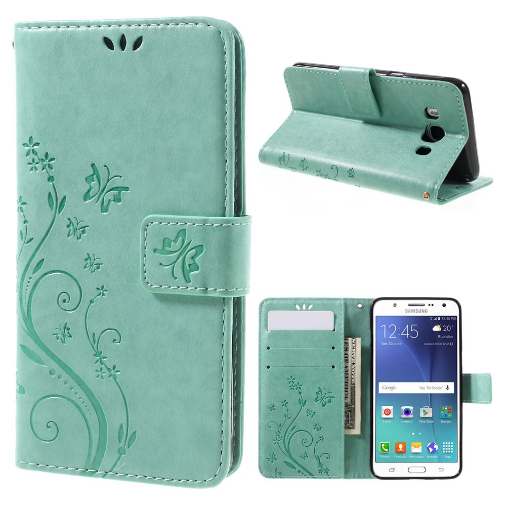 Butterfly Leather Wallet Phone Cover for Samsung Galaxy J5 (2016) - Cyan