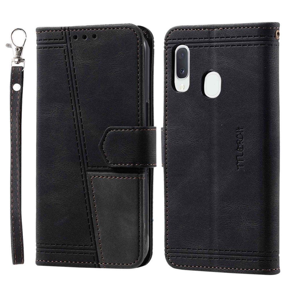 TTUDRCH for Samsung Galaxy A20e 004 Skin-touch Leather Splicing Wallet Case RFID Blocking Stand Magnetic Closure Shockproof TPU Flip Cover with Strap