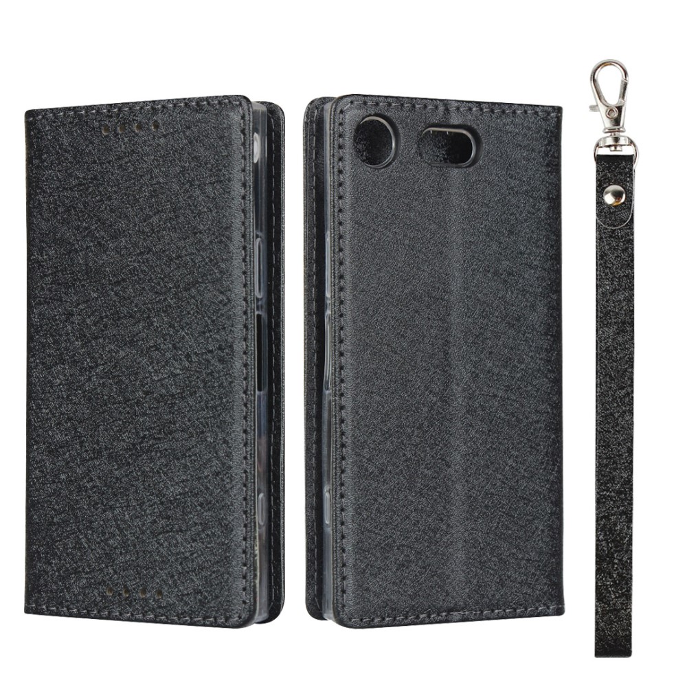 Silk Texture Wallet Stand Mobile Phone Leather Case Cover for Sony Xperia XZ1 Compact - Black