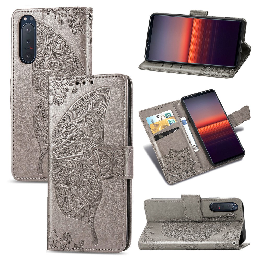 Imprint Big Butterfly Leather Wallet Phone Shell for Sony Xperia 5 II - Grey