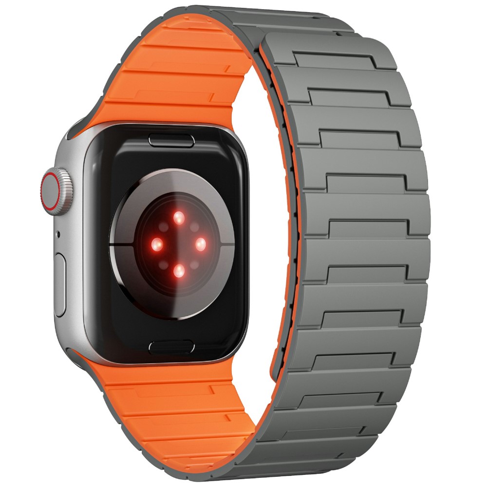 Apple Watch Series 49mm - 45mm - 44mm - 42mm Magnetic Silicone Watch Strap - Grey+Orange