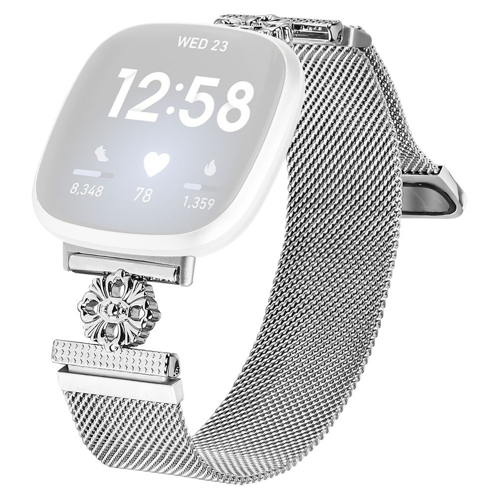 Fitbit Versa 3 / Sense Milanese Band Flower Stainless Steel Magnetic Mesh Watch Strap - Silver