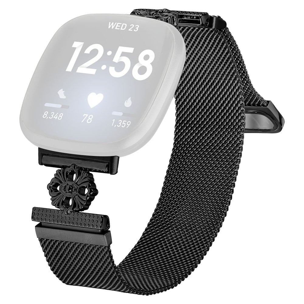 Fitbit Versa 3 / Sense Milanese Band Flower Stainless Steel Magnetic Mesh Watch Strap - Black