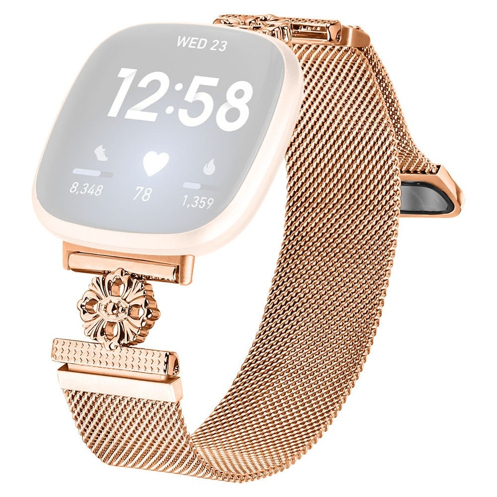 Fitbit Versa 3 / Sense Milanese Band Flower Stainless Steel Magnetic Mesh Watch Strap - Rose Gold