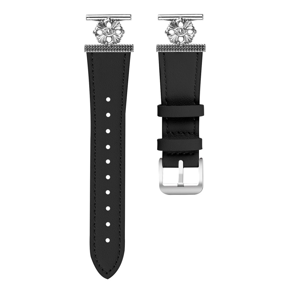 Garmin Vivomove Trend / Venu Sq 2 Watch Band Genuine Cow Leather Flower Decor Adjustable Strap - Black