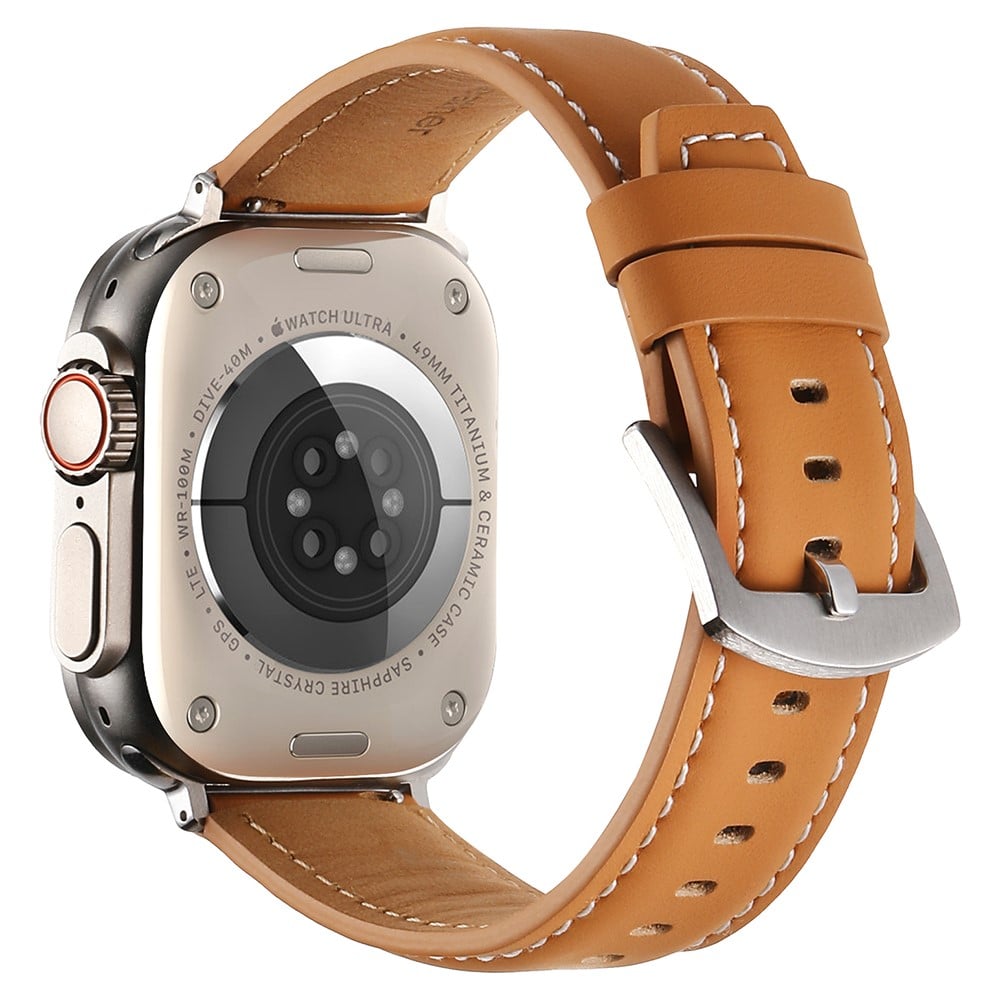 Rem Apple Watch Series 49mm - 45mm - 44mm - 42mm Ekte kuskinnbånd - Lysebrun