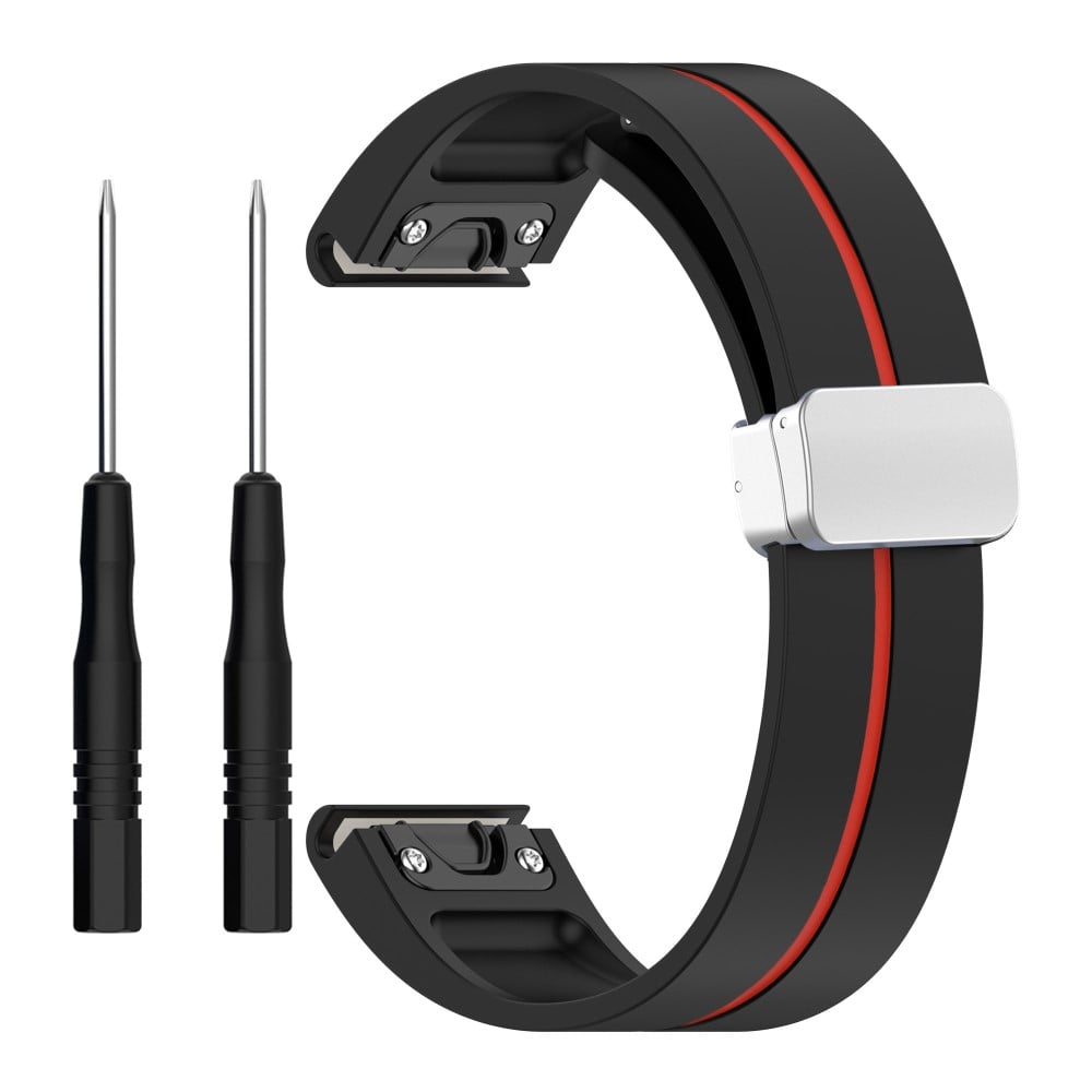 Garmin Fenix 7S / 6S / 5S Magnetisk klokkerem 20 mm tofarget silikonklokkerem med sølvspenne - Svart / Rød