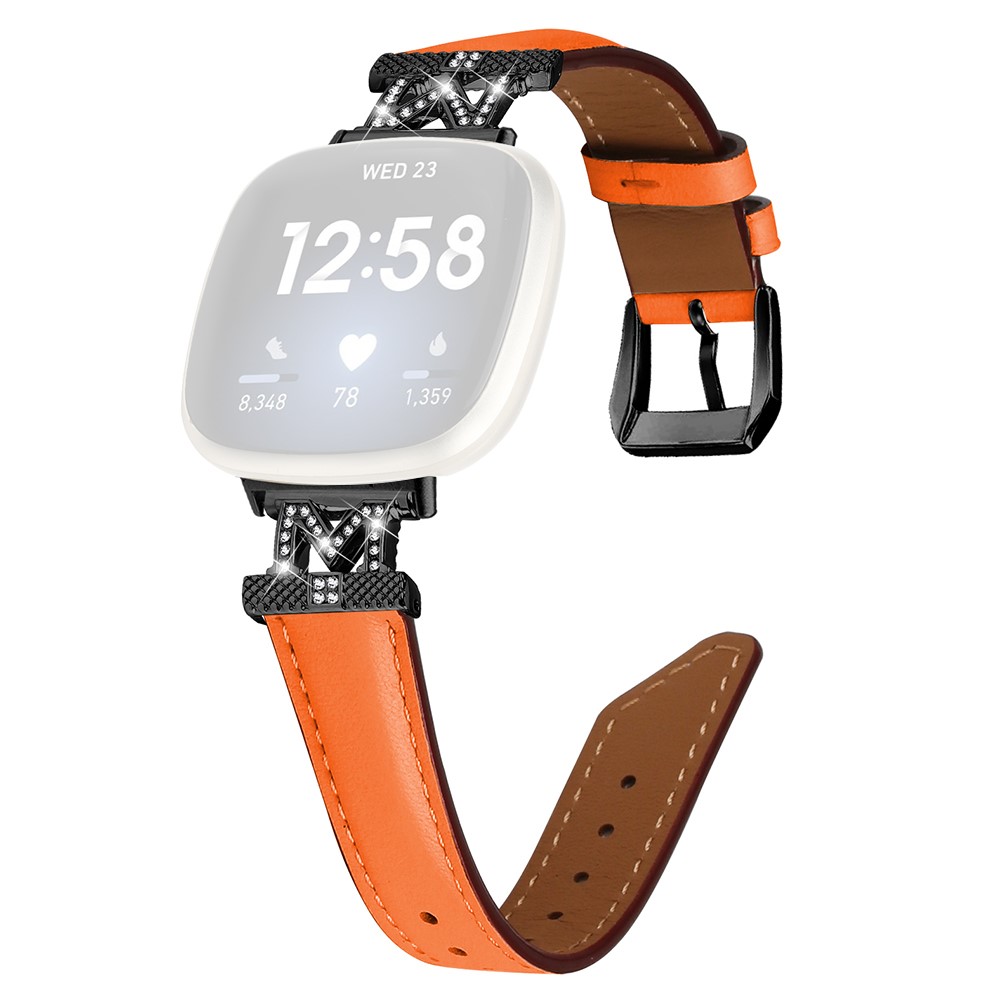 Klokkerem Fitbit Versa 3 / Versa 4 / Sense / Sense 2 M-formet rhinestone-dekor i ekte okseskinn med svart spenne - Oransje