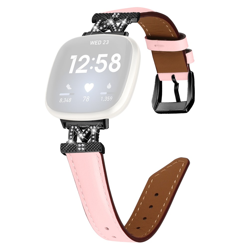 Klokkerem Fitbit Versa 3 / Versa 4 / Sense / Sense 2 M-formet rhinestone-dekor i ekte okseskinn med svart spenne - Rosa