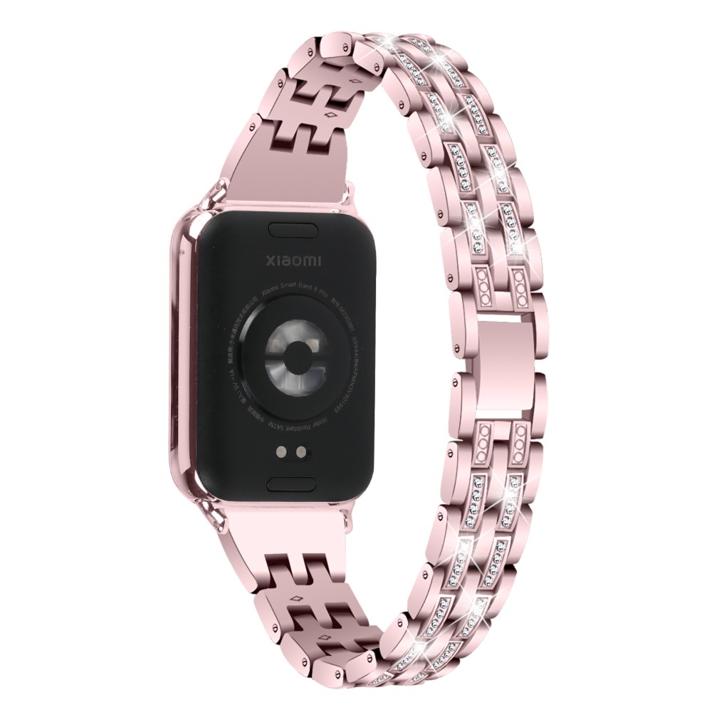 Xiaomi Smart Band 8 Pro Metallklokkerem 2-raders Rhinestone 5-Perle Watchband - Rosa Rose