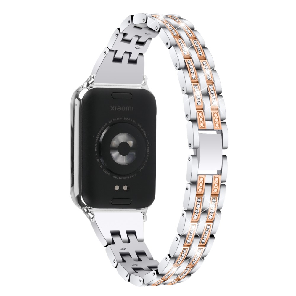 Xiaomi Smart Band 8 Pro Metallklokkerem 2-raders Rhinestone 5-Perle Watchband - Sølv + Rose Gull