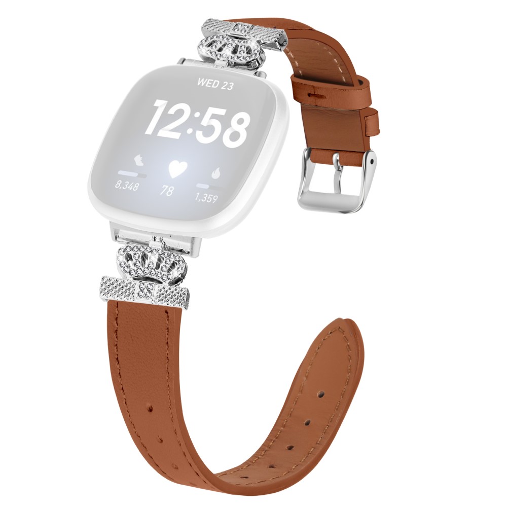 Fitbit Versa 4 / Sense 2 Genuine Cow Leather Crown Rhinestone Watch Strap - Brun