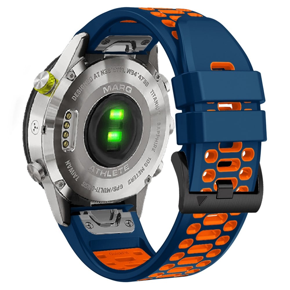 Garmin Fenix 7X / 7X Pro / 6X Quickfit 26 mm klokkerem med tre rader med hull i to farger silikonrem - Sapphire Blue / Oransje