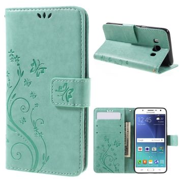 Butterfly Leather Wallet Phone Cover for Samsung Galaxy J5 (2016) - Cyan