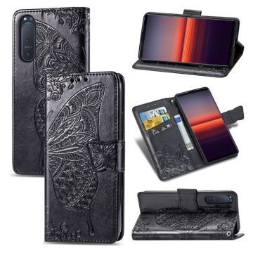 Imprint Big Butterfly Leather Wallet Phone Shell for Sony Xperia 5 II - Black