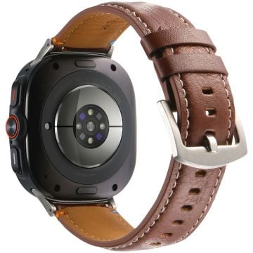 Samsung Galaxy Watch Ultra 47mm Watch Strap Stitching Lines Genuine Cow Leather Wrist Band - Crazy Horse Texture+Brown