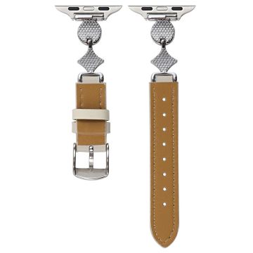 Apple Watch Series 41mm - 40mm - 38mm Leather Watch Band with Floral Connector - Brown / White Silver