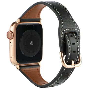 Apple Watch Series 41mm - 40mm - 38mm Genuine Cow Leather Strap - Black+Rose Gold Buckle