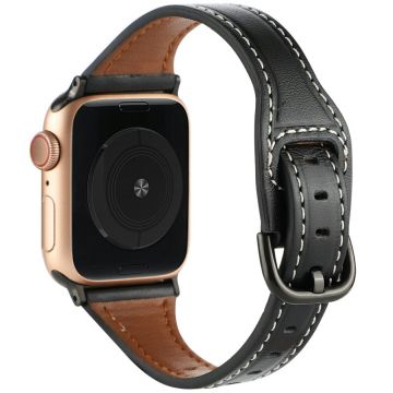 Apple Watch Series 41mm - 40mm - 38mm Genuine Cow Leather Strap - Black+Black Buckle