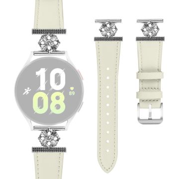 Samsung Galaxy Watch Active2 44mm / 40mm Watch Band Genuine Cow Leather Flower Decor Adjustable Strap - White