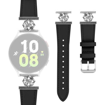 Samsung Galaxy Watch Active2 44mm / 40mm Watch Band Genuine Cow Leather Flower Decor Adjustable Strap - Black