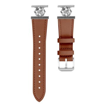 Garmin Forerunner 245 / 245 Music Watch Band Genuine Cow Leather Flower Decor Adjustable Strap - Brown