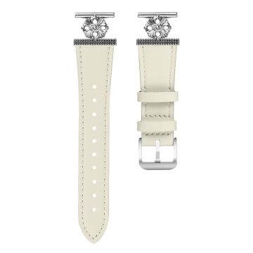 Garmin Forerunner 245 / 245 Music Watch Band Genuine Cow Leather Flower Decor Adjustable Strap - White