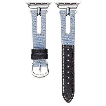 Denim and Leather Watch Strap Watch Band Apple Watch Series 10 42mm - Light Blue+Black