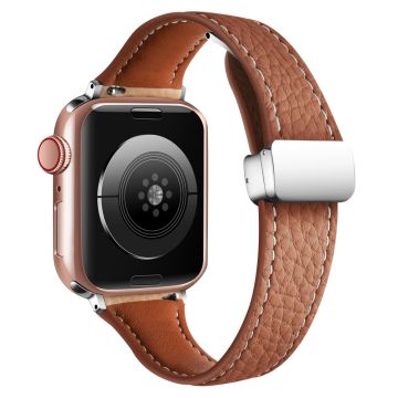 Leather Watch Band Watch Band Apple Watch Series 10 42mm Litchi Texture Strap with Folding Buckle - Brown