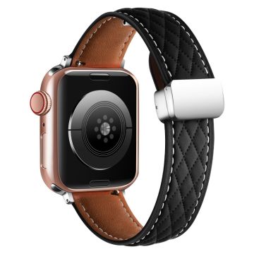 Leather Watch Band Watch Band Apple Watch Series 10 42mm Rhombus Texture Strap with Folding Buckle - Black