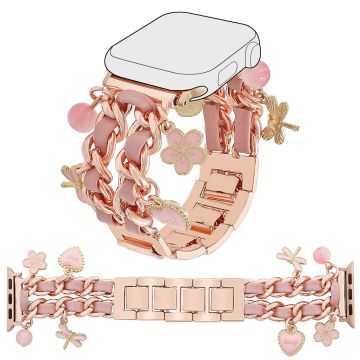 Watch Strap Apple Watch Series 10 42mm Alloy and Leather Band with Butterfly and Flower Pendant - Rose Gold