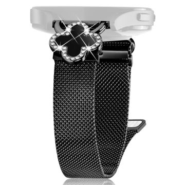 Samsung Galaxy Watch 42mm Milanese Band Electroplated Stainless Steel Watch Strap Clover Decor, Size: S - Black / Black