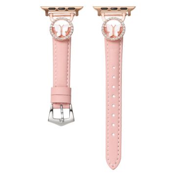 Leather Strap Apple Watch Series 10 42mm Rhinestone Butterfly Band - Pink+Rose Gold Buckle