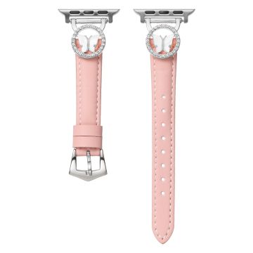 Leather Strap Apple Watch Series 10 42mm Rhinestone Butterfly Band - Pink+Silver Buckle