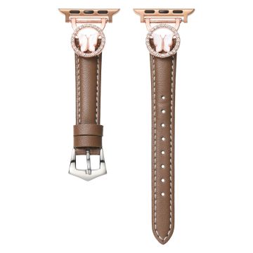 Leather Strap Apple Watch Series 10 42mm Rhinestone Butterfly Band - Coffee+Rose Gold Buckle