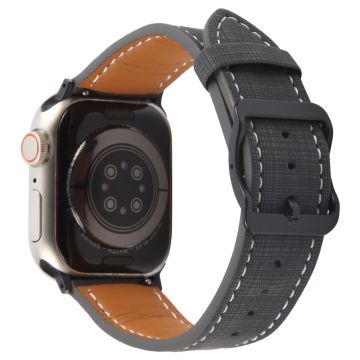 Watch Band Apple Watch Series 10 42mm Checkered Pattern Day-Shaped Buckle Leather Strap - Black