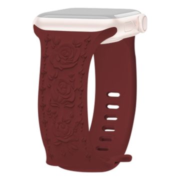 KALEBOL Rose Embossed Watch Strap Apple Watch Series 10 42mm Silicone Band - Wine Red