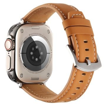 KALEBOL Genuine Cow Leather Watch Strap Apple Watch Series 10 42mm Flat Texture Band - Brown