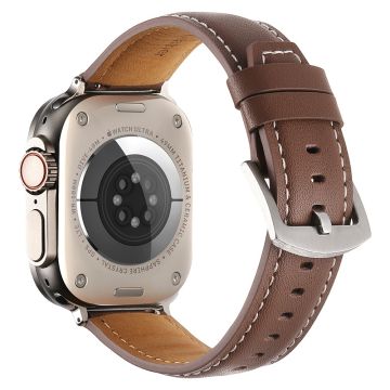 KALEBOL Genuine Cow Leather Watch Strap Apple Watch Series 10 42mm Flat Texture Band - Dark Brown