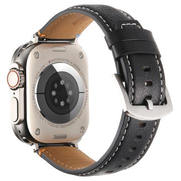 KALEBOL Genuine Cow Leather Watch Strap Apple Watch Series 10 42mm Wrist Band - Crazy Horse Texture Black