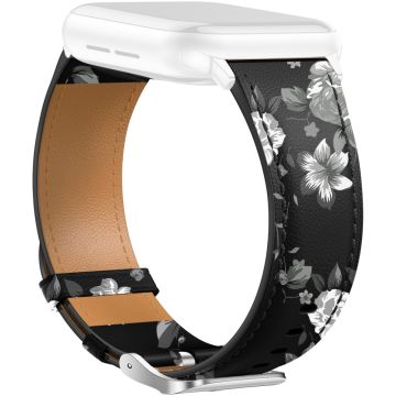 Leather Band Apple Watch Series 10 42mm Pointed Tail Strap Silver Buckle - Black  /  Grey Flowers