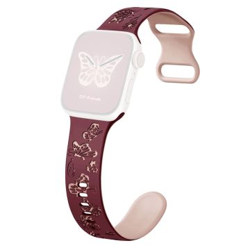 KALEBOL Dual Color Silicone Strap Apple Watch Series 10 42mm Butterfly Buckle Watchband - Wine Red + Pink