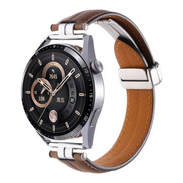 22 mm klokkerem til Samsung Galaxy Watch3 45 mm / Garmin Venu 3 rustfritt stål sammenleggbar spenne i lær - Brun / Sølv Spenne Spenne