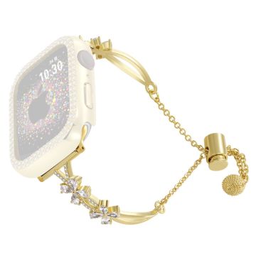 Rhinestone Flower Decor Strap Apple Watch Series 41mm - 40mm - 38mm kobberarmbånd - Gull