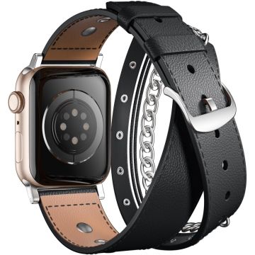 S / M Størrelse Double Circle Vegan Leathernk Watchstrap Apple Watch Series 41mm - 40mm - 38mm Cowhide Leather Band - Svart