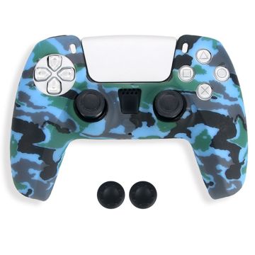 DATA FROG Sony Playstation 5 Game Controller Anti-Skid Silicone Case Gamepad Protective Cover with 2 Rocker Caps - Camouflage Blue