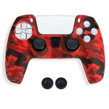 DATA FROG Sony Playstation 5 Game Controller Anti-Skid Silicone Case Gamepad Protective Cover with 2 Rocker Caps - Camouflage Red