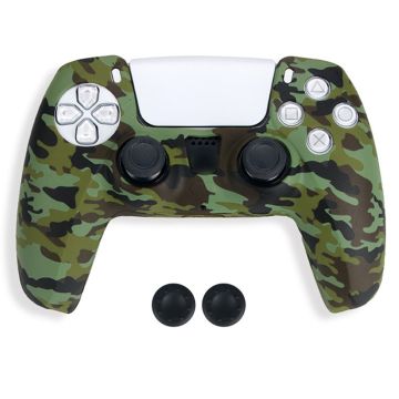 DATA FROG Sony Playstation 5 Game Controller Anti-Skid Silicone Case Gamepad Protective Cover with 2 Rocker Caps - Camouflage Green